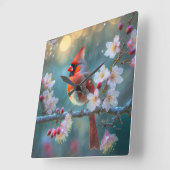 Mannelijke kardinaal in de Moonlight Cherry Blosso Vierkante Klok (Hoek)