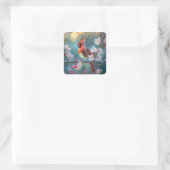 Mannelijke kardinaal in de Moonlight Cherry Blosso Vierkante Sticker (Tas)