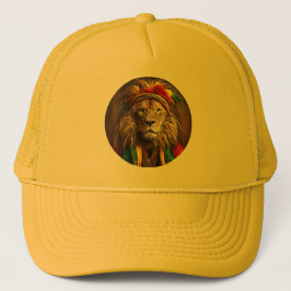 Mannelijke leeuw gekleed in rastafariaanse outfit trucker pet