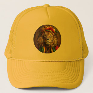Mannelijke leeuw gekleed in rastafariaanse outfit trucker pet