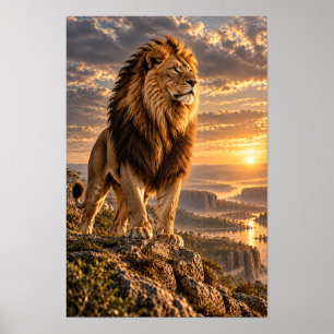 Mannelijke Leeuw op Rotsachtig Uitkijkpunt bij Gou Poster