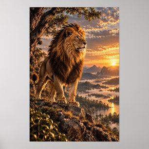 Mannelijke Leeuw op Rotsachtig Uitkijkpunt bij Gou Poster