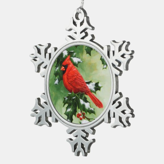 Mannelijke Noordelijke Kardinaal en Holly Tin Sneeuwvlok Ornament (Rechts)
