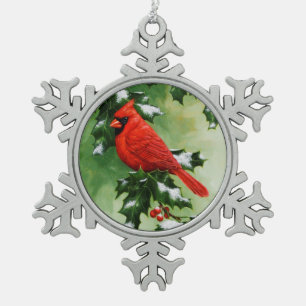 Mannelijke Noordelijke Kardinaal en Holly Tin Sneeuwvlok Ornament