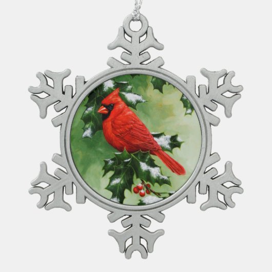 Mannelijke Noordelijke Kardinaal en Holly Tin Sneeuwvlok Ornament (Voorkant)