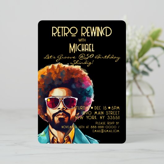 Mannelijke rewind 50e verjaardag Shindig Party Folie Uitnodiging (Staand Voorkant)