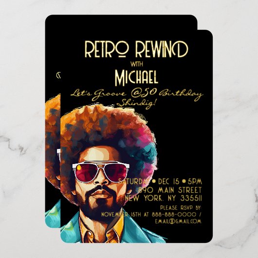 Mannelijke rewind 50e verjaardag Shindig Party Folie Uitnodiging (Voorkant / Achterkant)