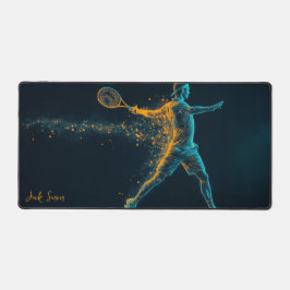 Mannelijke tennisser slaat bal bureaumat