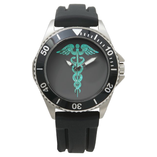 Mannelijke Verpleegster Zwart Turquoise Caduceus H Horloge (Voorkant)