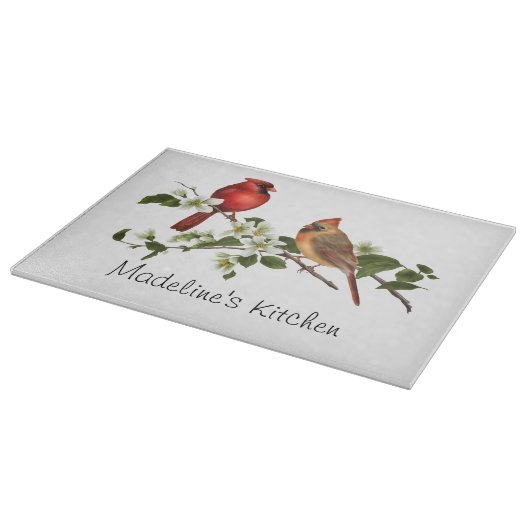 Mannelijke Vrouw Kardinaal op Dogwood Branch Snijplank (Hoek)