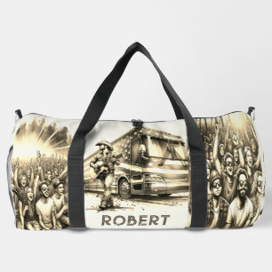 Mannelijke zanger met gitaar en tourbus op maat plunjezak