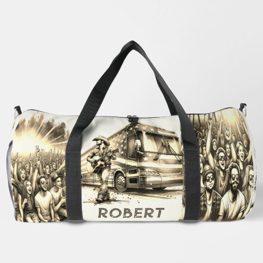 Mannelijke zanger met gitaar en tourbus op maat plunjezak (Achterkant)