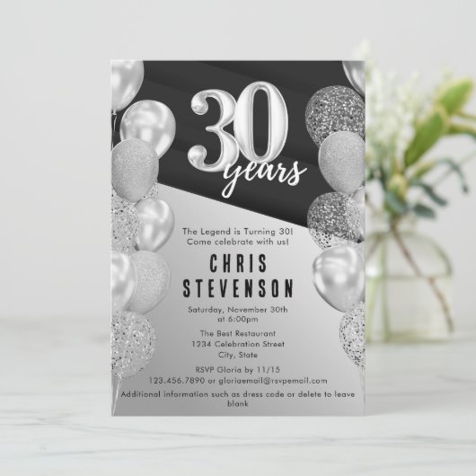 Mannelijke zwarte zilveren ballonnen 30e verjaarda kaart (Staand voorkant)