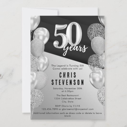 Mannelijke zwarte zilveren ballonnen 50e verjaarda kaart (Voorkant)