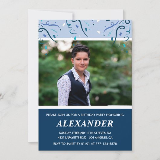 Mannen 15e verjaardagsuitnodigingen Foto Navy Blue Kaart (Voorkant)