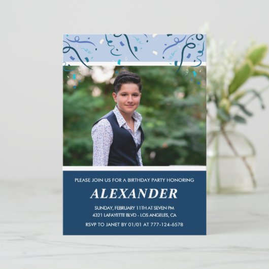 Mannen 15e verjaardagsuitnodigingen Foto Navy Blue Kaart (Staand voorkant)