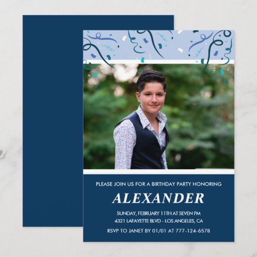 Mannen 15e verjaardagsuitnodigingen Foto Navy Blue Kaart (Voorkant / Achterkant)