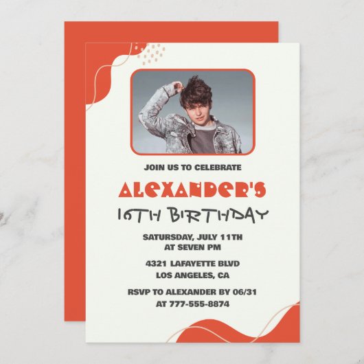 Mannen 16e verjaardagsuitnodiging Modern Photo Red Kaart (Voorkant / Achterkant)