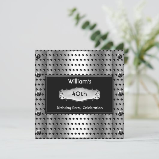Mannen 40e verjaardag Silver Metal Studs Black Kaart (Staand voorkant)