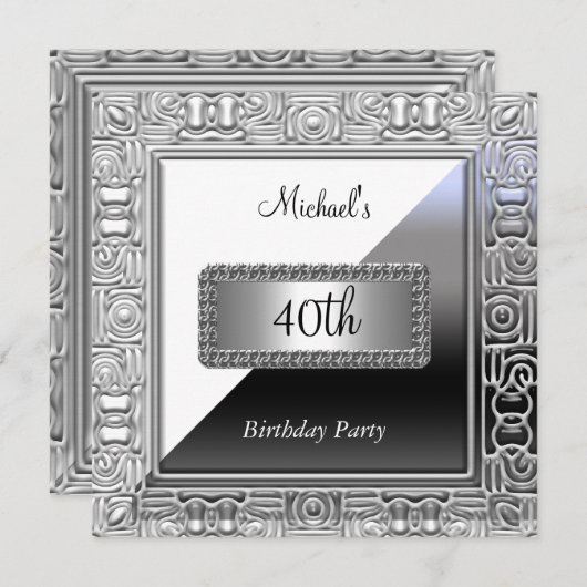 Mannen 40th Birthday Party Invitation White Silver Kaart (Voorkant / Achterkant)