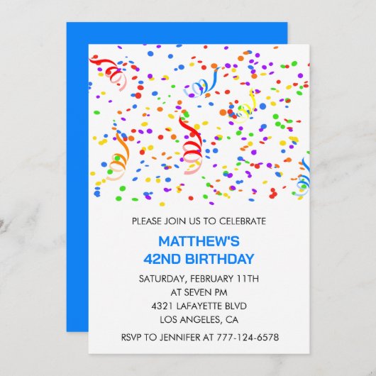 Mannen 42e verjaardag uitnodiging Rainbow Confetti (Voorkant / Achterkant)