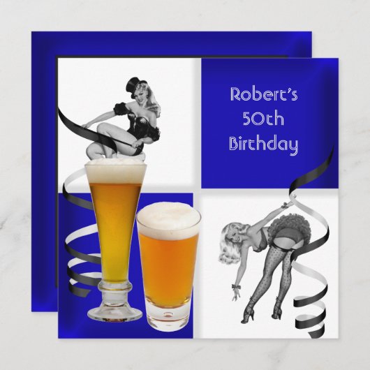 Mannen 50e verjaardag Blauwe Check Retro Girl Beer Kaart (Voorkant / Achterkant)