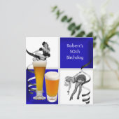 Mannen 50e verjaardag Blauwe Check Retro Girl Beer Kaart (Staand voorkant)