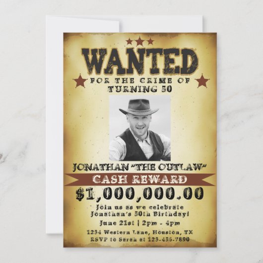 Mannen 50th Birthday Cowboy Gezocht Poster uitnodi Kaart (Voorkant)