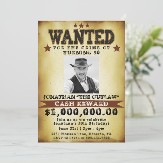 Mannen 50th Birthday Cowboy Gezocht Poster uitnodi Kaart (Staand voorkant)