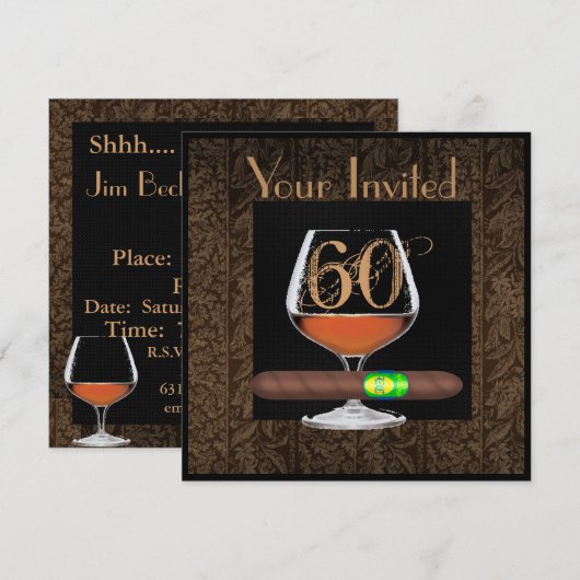 MANNEN 60e Birthday-INVITATIES COGNAC-SJABLOON Kaart (Voorkant / Achterkant)