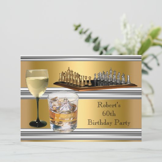 Mannen 60e verjaardag Chess Set Drink Gold Kaart (Staand voorkant)