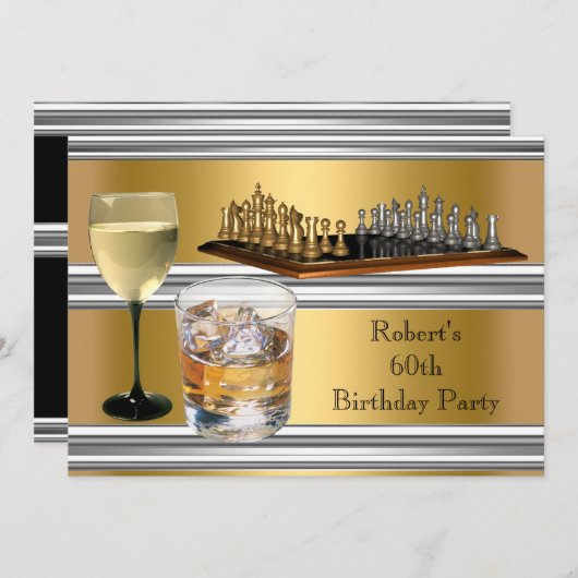 Mannen 60e verjaardag Chess Set Drink Gold Kaart (Voorkant / Achterkant)