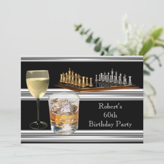 Mannen 60e verjaardag Chess Set Drink Zilver Kaart (Staand voorkant)