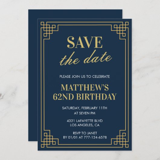 Mannen 62e verjaardag Uitnodigingen Save the date (Voorkant / Achterkant)