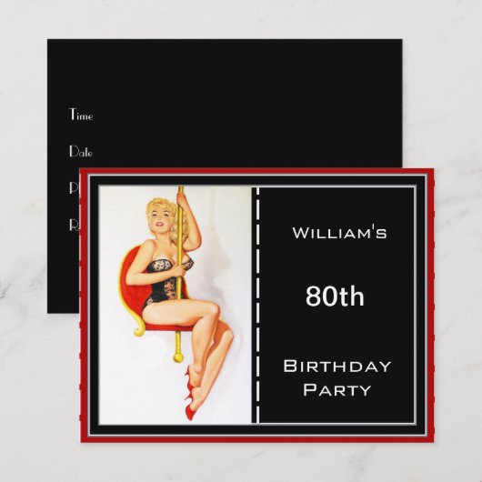 Mannen 80ste Verjaardag Party Rood Zwart Pin-up Kaart (Voorkant / Achterkant)
