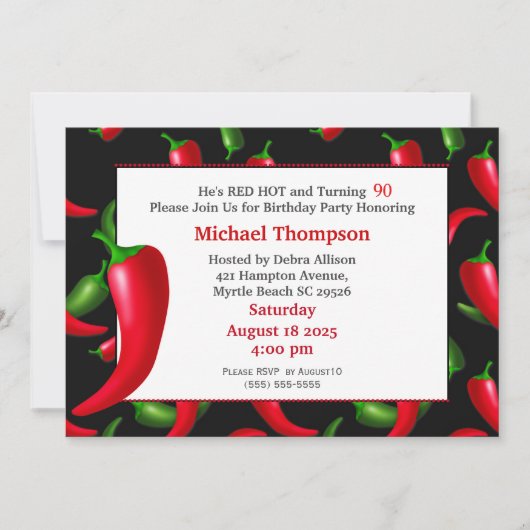 Mannen 90th Red Hot Pepper Verjaardag Uitnodiginge Kaart (Voorkant)