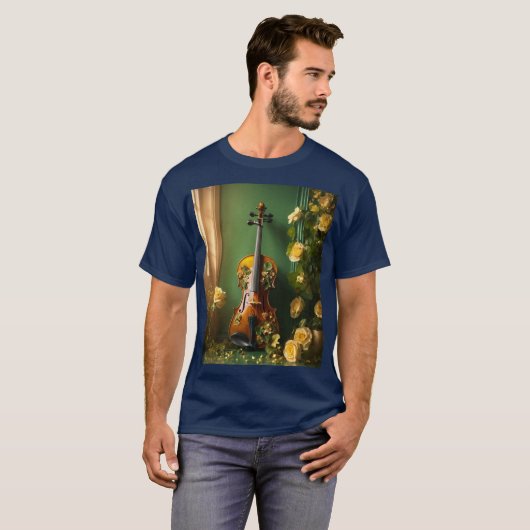Mannen aangekocht T-shirt met  Viool 3D Floral Des (Voorkant volledig)