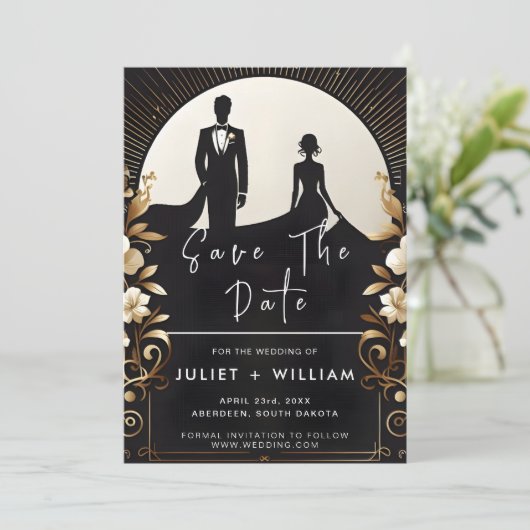 Mannen Adult Tuxedo Bold Zwart Stropdas Bruiloft Save The Date (Staand voorkant)