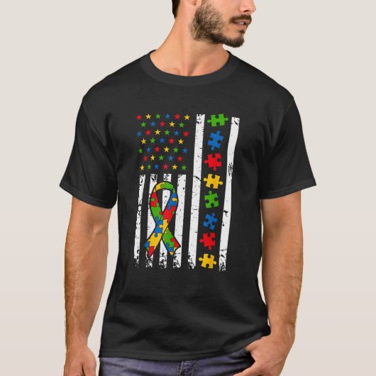 Mannen Autisme Bewustzijn Amerikaanse vlag Puzzel T-shirt (Voorkant)