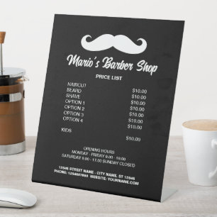 Mannen barber shop kapsalon prijslijst reclamebord met voetstuk