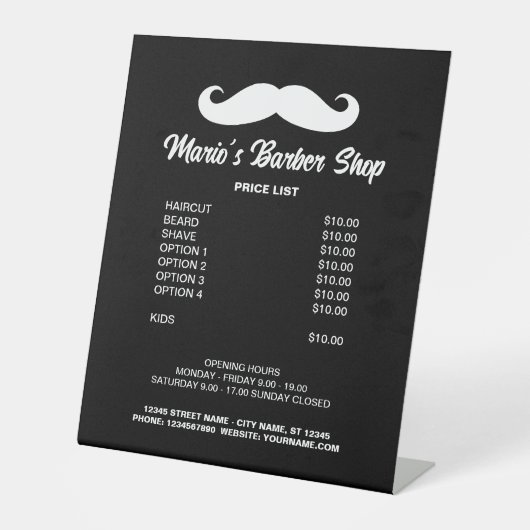 Mannen barber shop kapsalon prijslijst reclamebord met voetstuk (Voorkant)