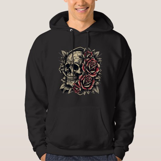 Mannen Basic Hooded Sweat shirt - Schedel en Rozen (Voorkant)