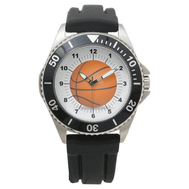 Mannen Basketball Staal Zwart Rubber Strap Horloge (Voorkant)