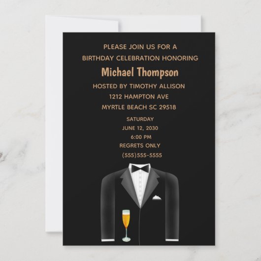 Mannen Black Gold Tux Birthday Party Invitation Kaart (Voorkant)