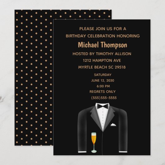 Mannen Black Gold Tux Birthday Party Invitation Kaart (Voorkant / Achterkant)