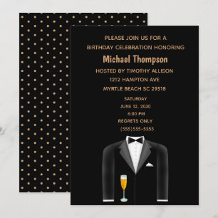 Mannen Black Gold Tux Birthday Party Invitation Kaart
