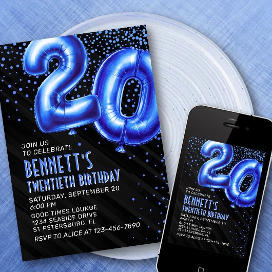 Mannen Blauwe 20ste Verjaardag Uitnodiging