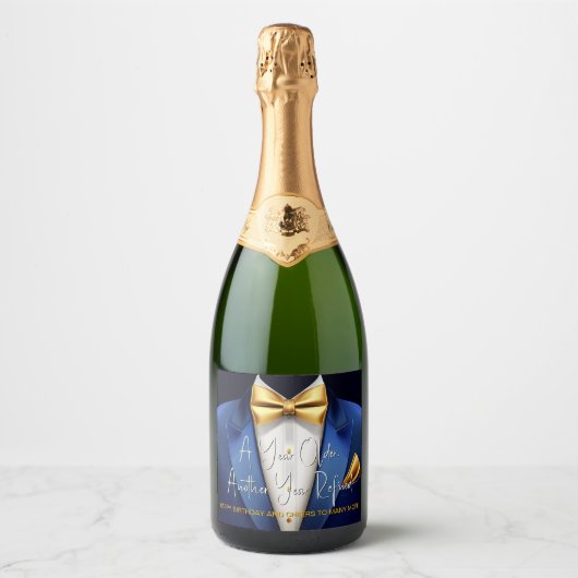 Mannen Blauwe Gouden Tuxedo Verjaardag Champagne L Sparkling Wijnetiket (Voorkant)