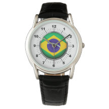 Mannen Brazilië Vlag Kroon Zwart Lederen horloge