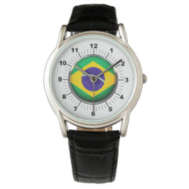 Mannen Brazilië Vlag Kroon Zwart Lederen horloge